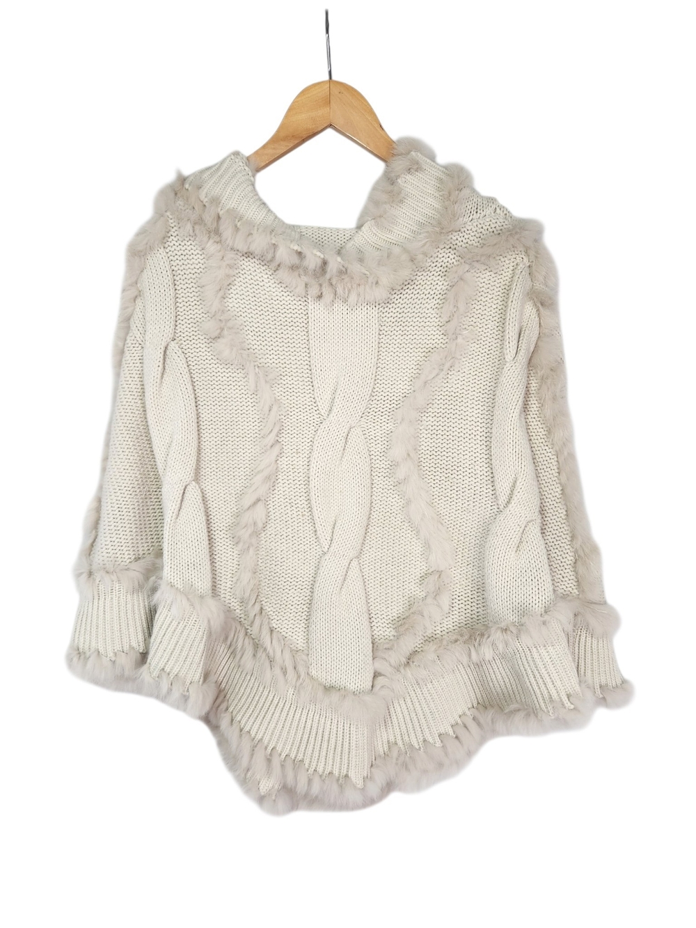 Women’s Ivory Cable Knit Hooded Cape Sweater Poncho Genuine Fur Trim Pullover M